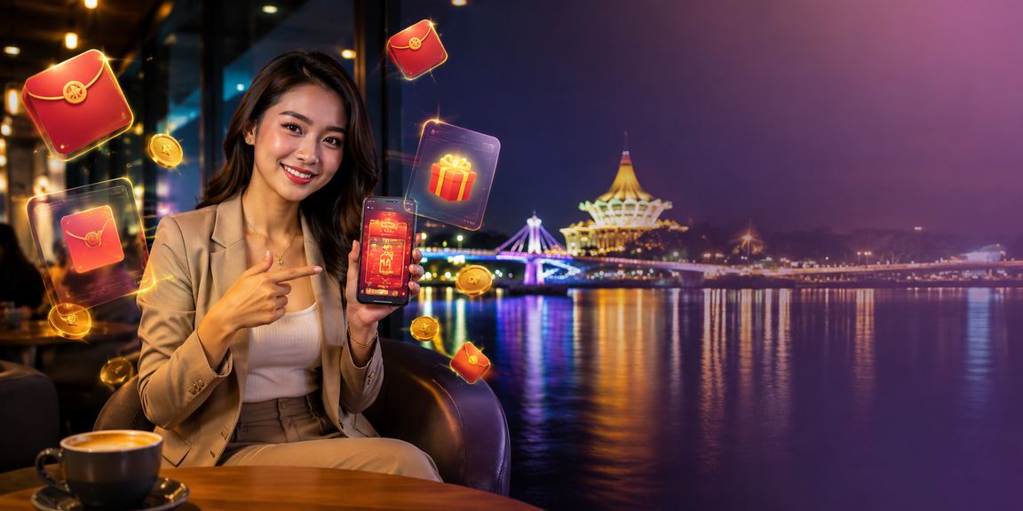 Sampul merah semangat perayaan Kuching menggambarkan bonus dan promosi eksklusif platform 309
